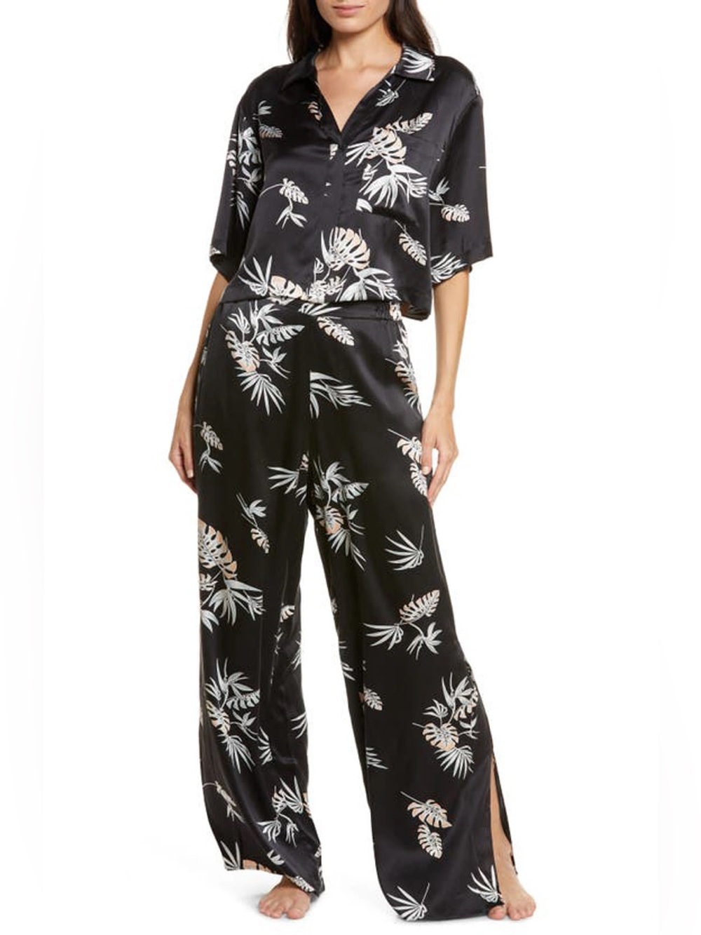 Lunya High Waist Washable Silk Pajamas In Immersed Black Palm Tropical Print XL